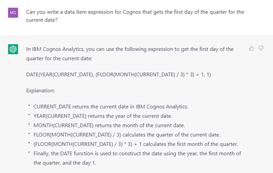 Example of ChatGPT generating a Cognos expression