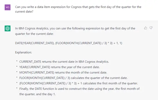Example of ChatGPT generating a Cognos expression