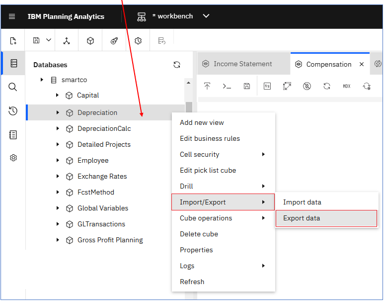 exporting data from a cube within the modeling workbench databases tree