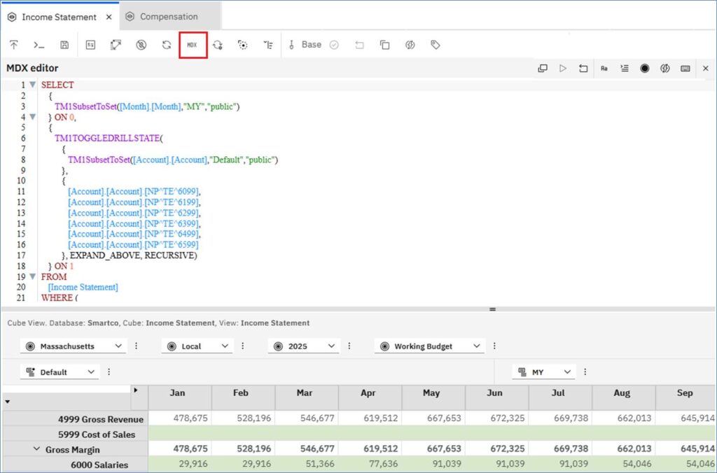 MDX editor in Workspace books and modeling workbench