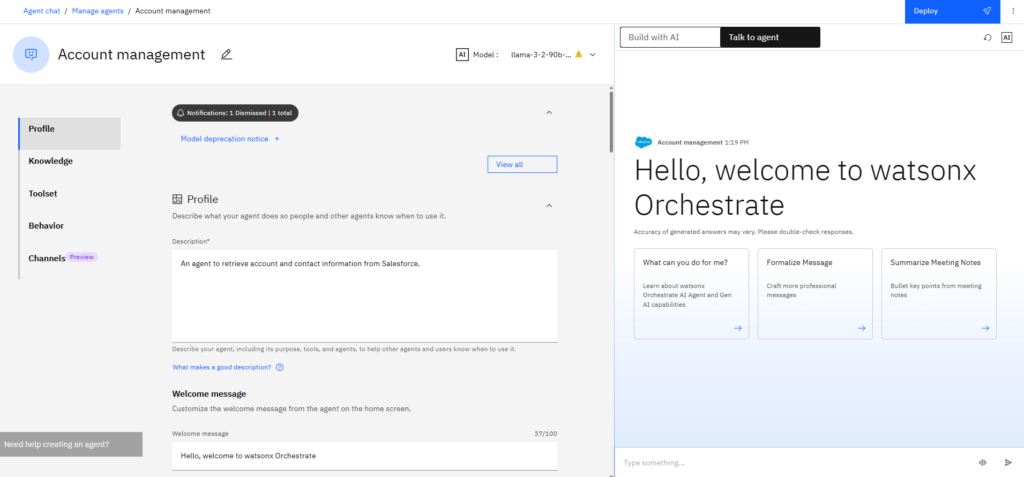 watsonx Orchestrete agent building view